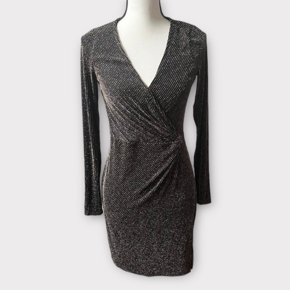 Mi Ami Black Dress with Gold & Silver Metallic Stripes